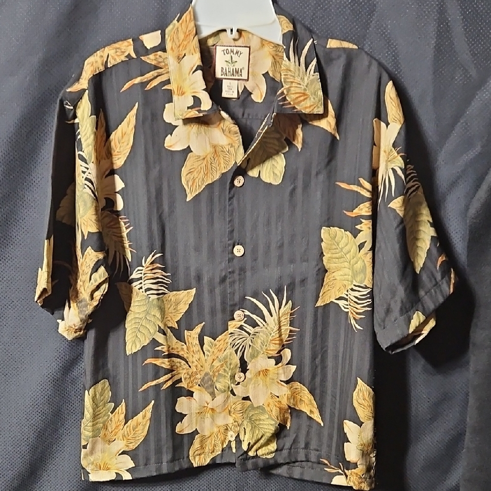Tommy Bahama Hawaiian Shirt Mens Large Silk Black Floral Print Button Down Camp